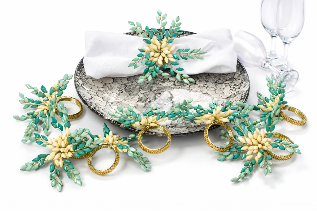 Green & Gold Beaded Napkin Ring Set 12Pcs