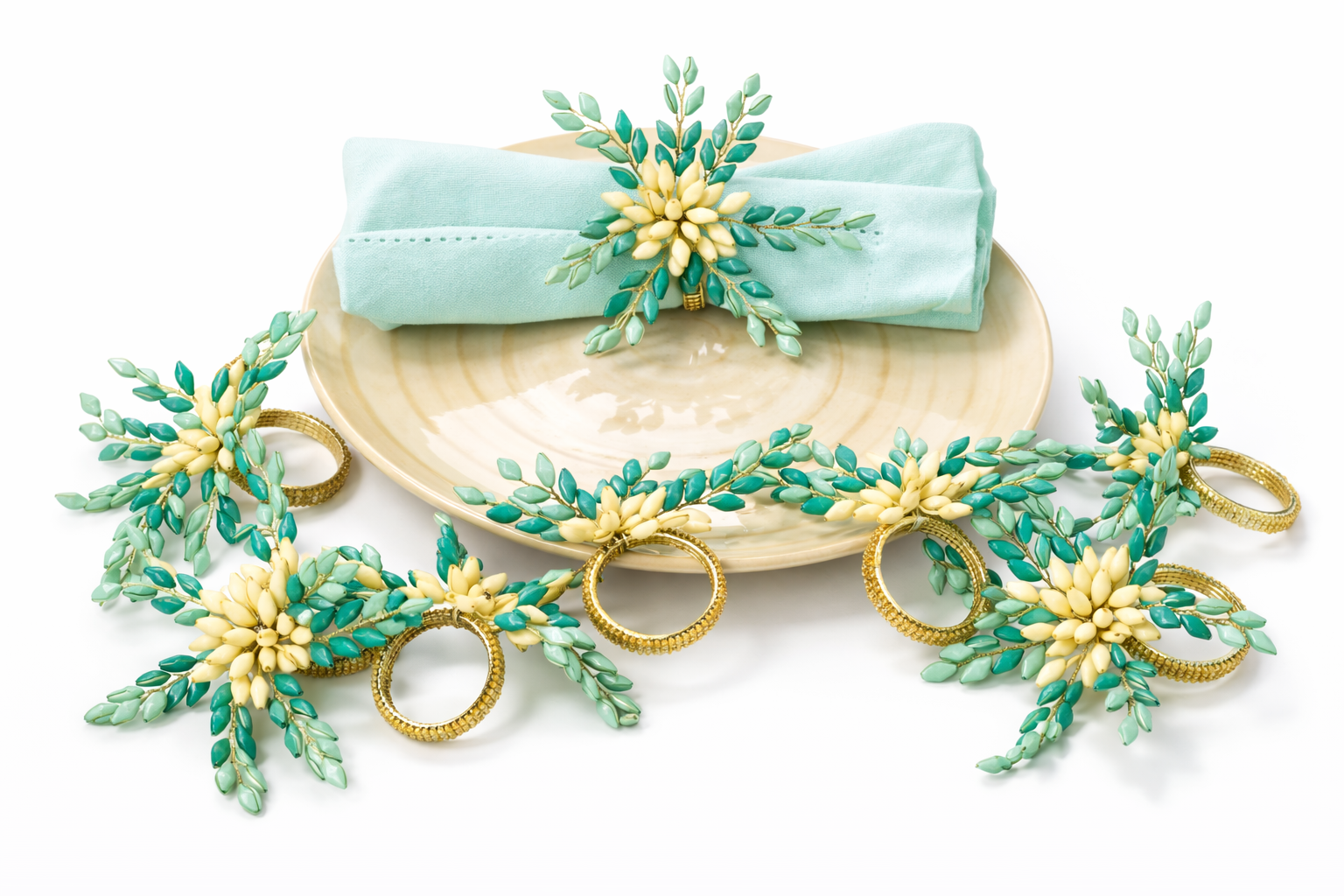 Green & Gold Beaded Napkin Ring Set 12Pcs