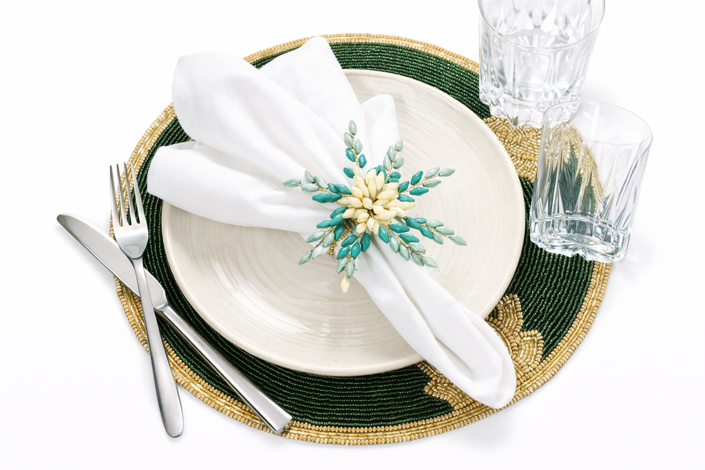 Green & Gold Beaded Napkin Ring Set 12Pcs