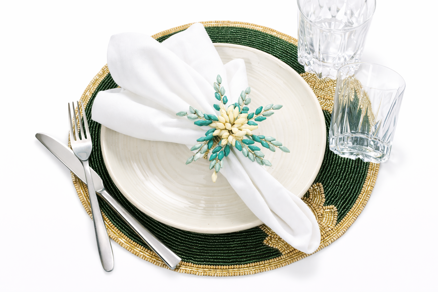 Green & Gold Beaded Napkin Ring Set 12Pcs