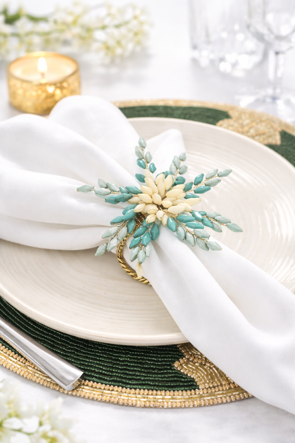 Green & Gold Beaded Napkin Ring Set 12Pcs