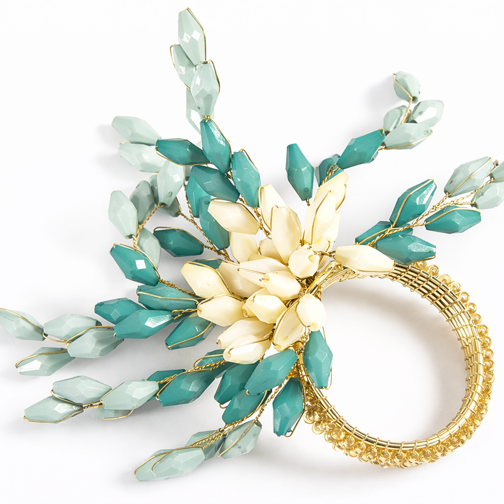 Green & Gold Beaded Napkin Ring Set 12Pcs