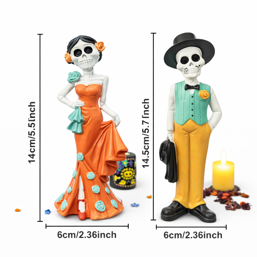 Dia de Los Muertos Skeleton Couple Statue 2Pcs