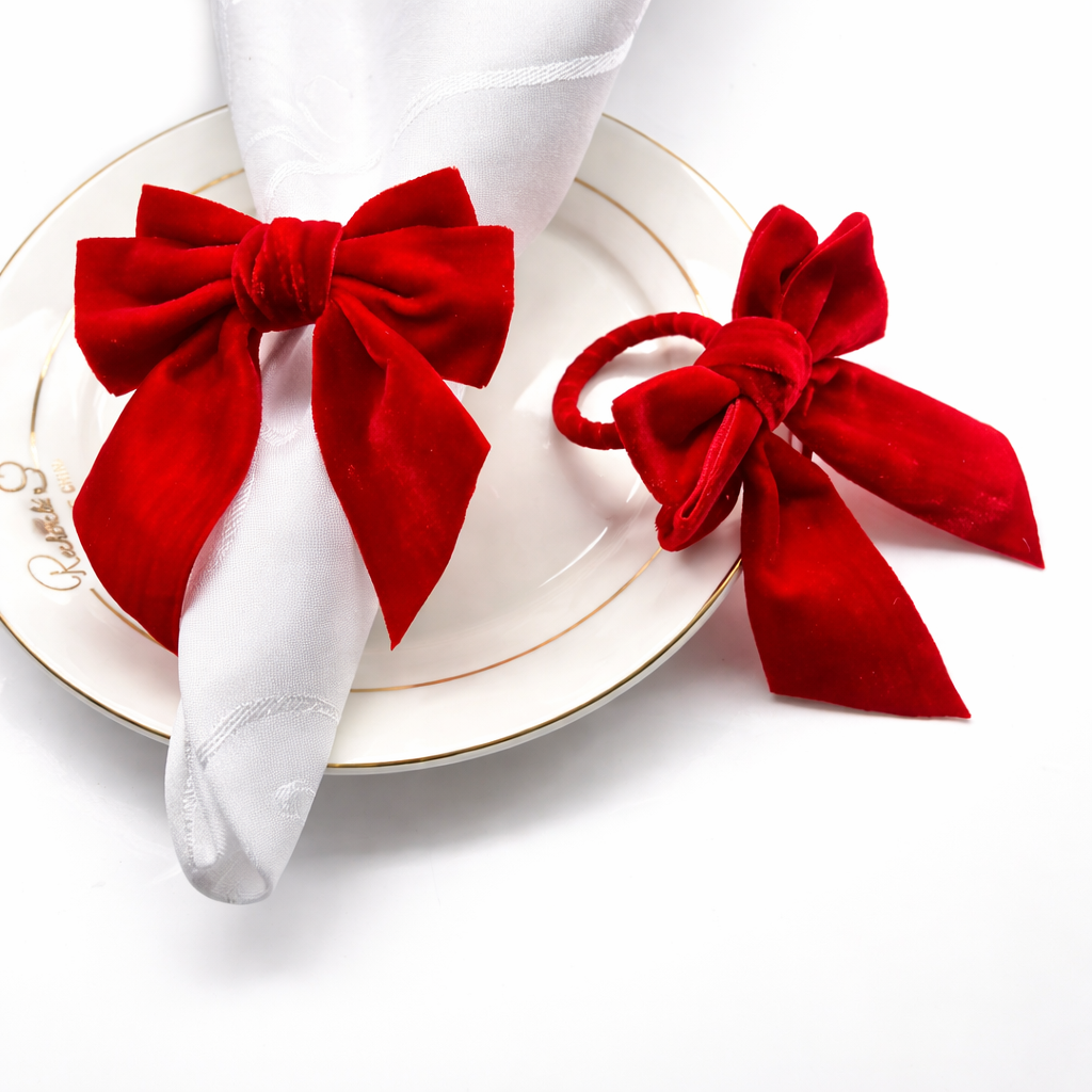 Elegant Red Bow Napkin Ring Set 6Pcs