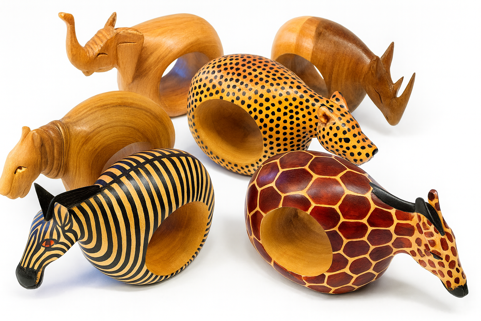 Mahogany Wood Animal Napkin Ring Set 6Pcs