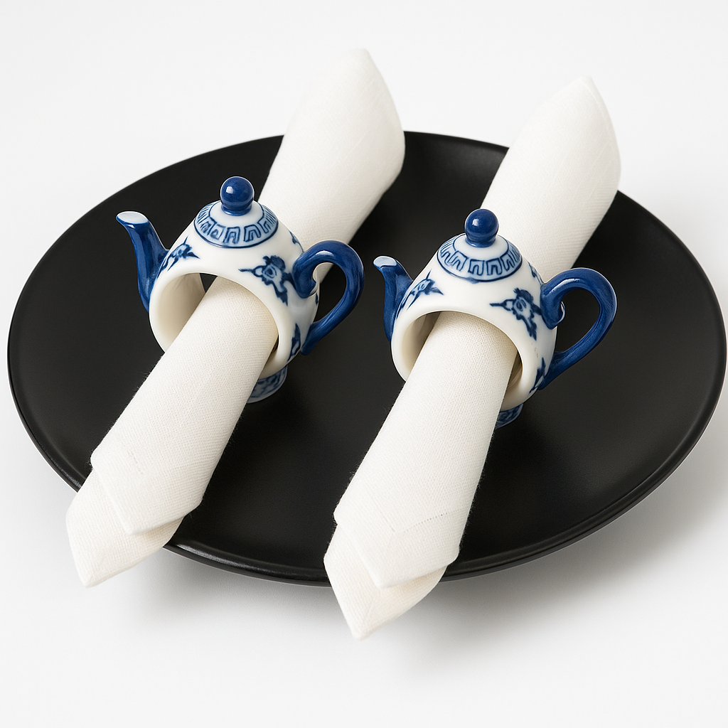Porcelain Teapot Napkin Ring Set 2Pcs