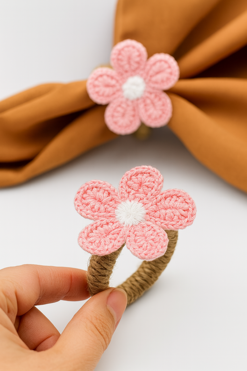 Embroidered Knitted Flower Napkin Ring Set 10/12Pcs