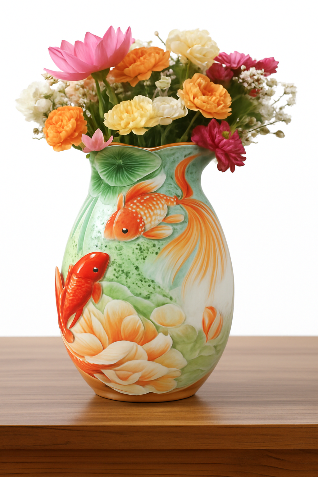 Hand Painted Floral & Fish Ceramic Vase