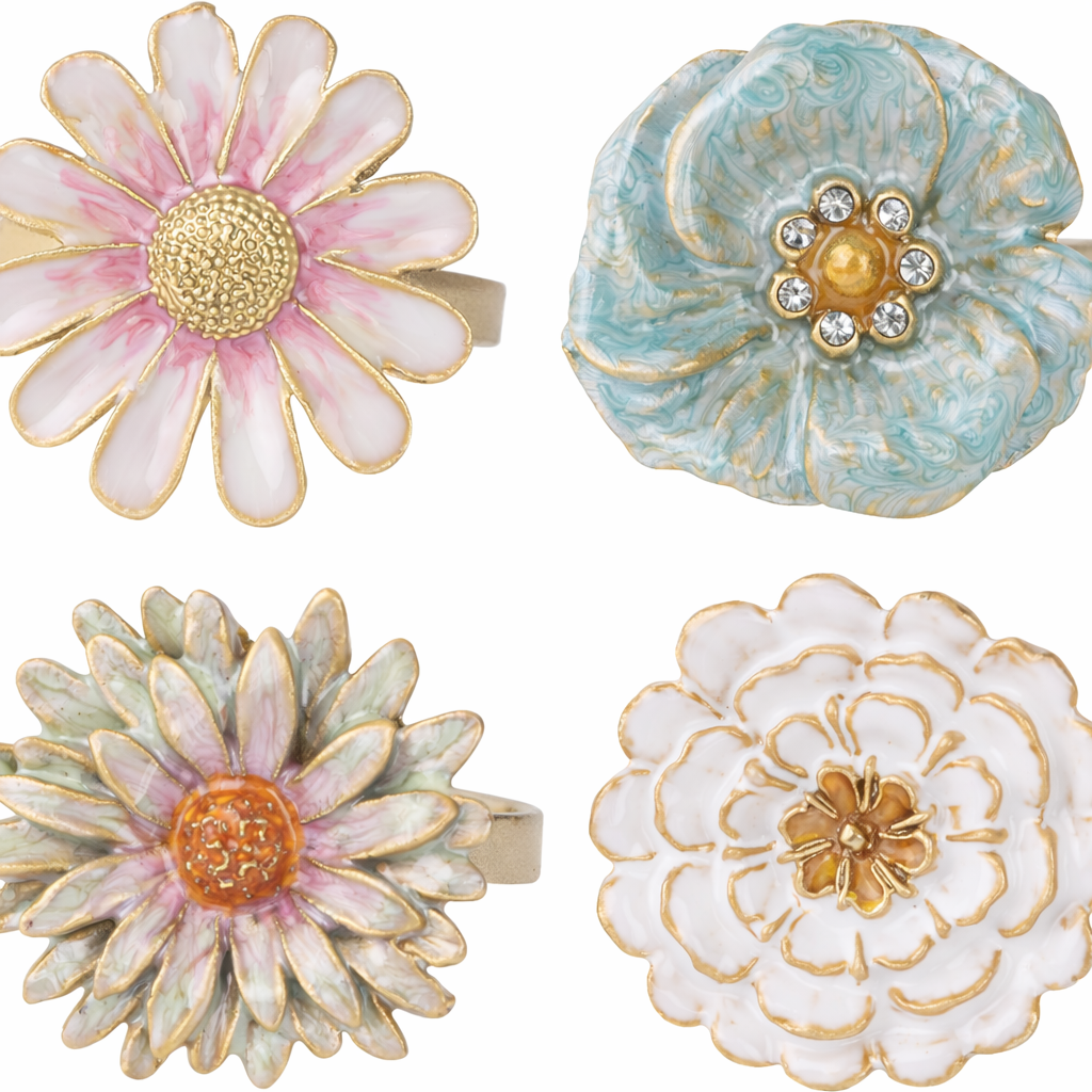 Rhinestone Flower Napkin Ring Set 4Pcs