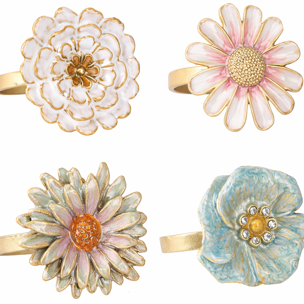 Rhinestone Flower Napkin Ring Set 4Pcs