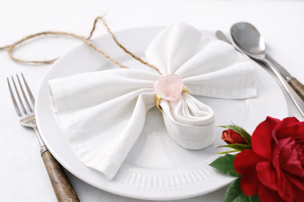 Heart- Shaped Rose Quartz Napkin Ring Set 6Pcs