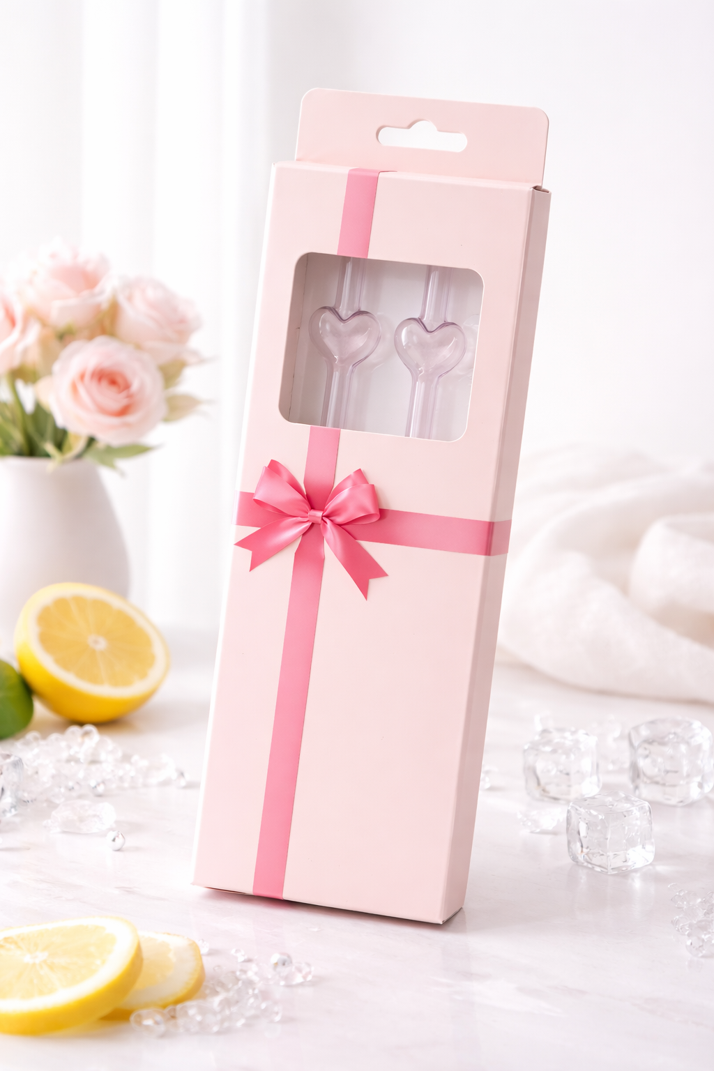 Pink Heart Glass Straw Set 2/4 Pcs