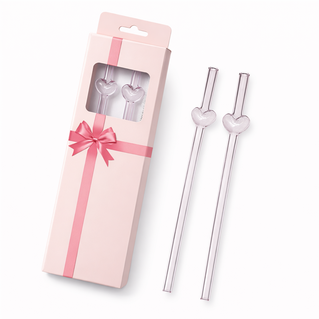 Pink Heart Glass Straw Set 2/4 Pcs