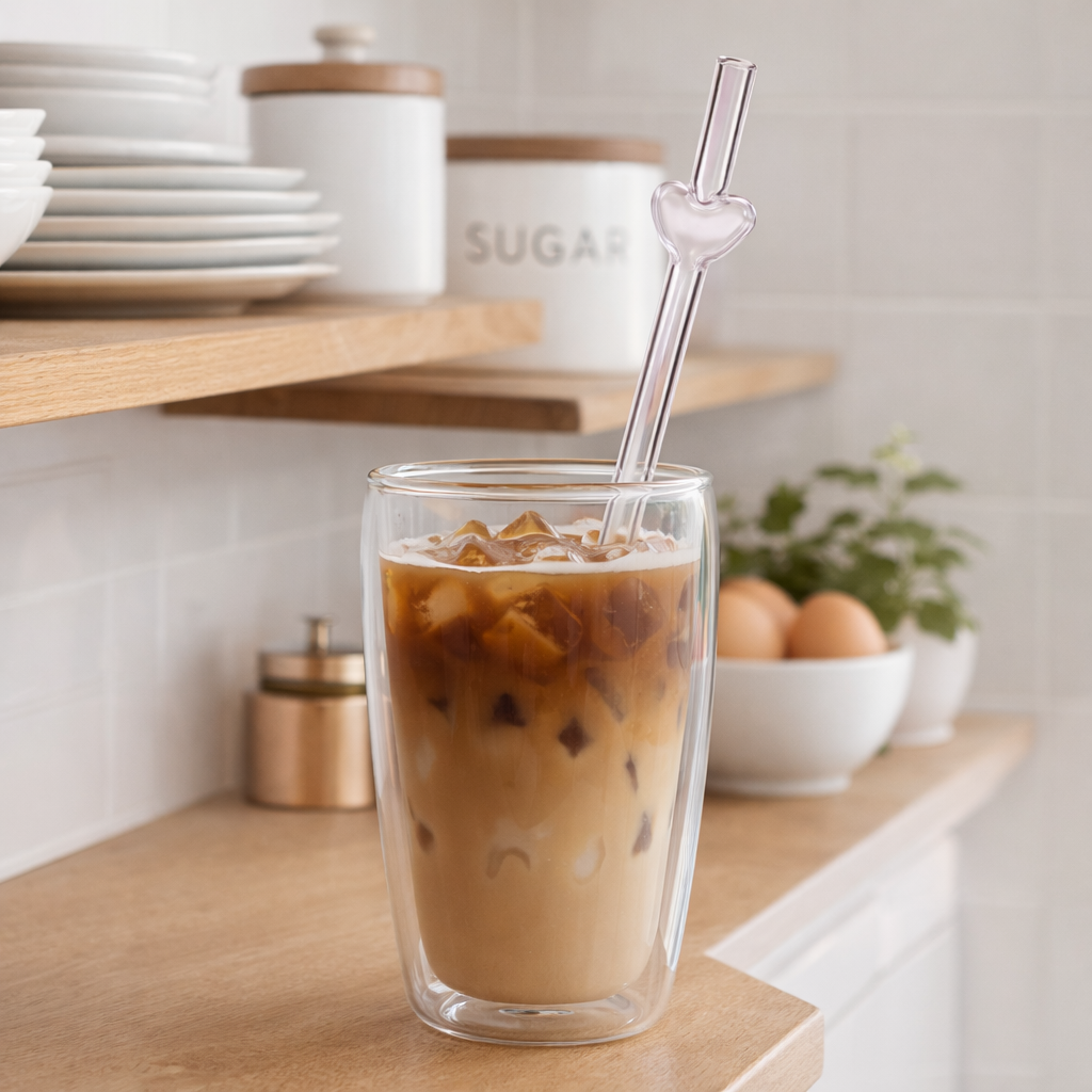 Pink Heart Glass Straw Set 2/4 Pcs