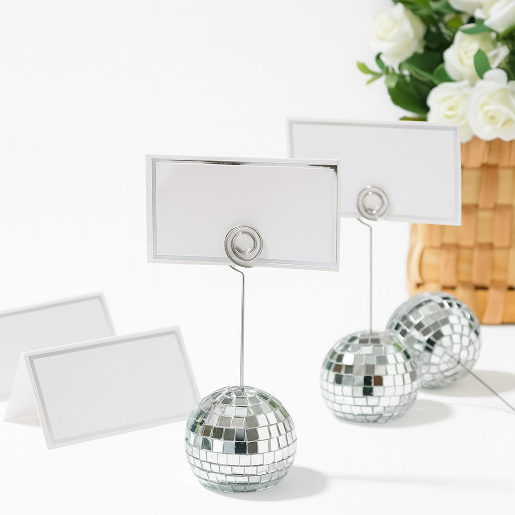 Silver Disco Ball Place Card Holders with Spiral Name Tags 6Pcs