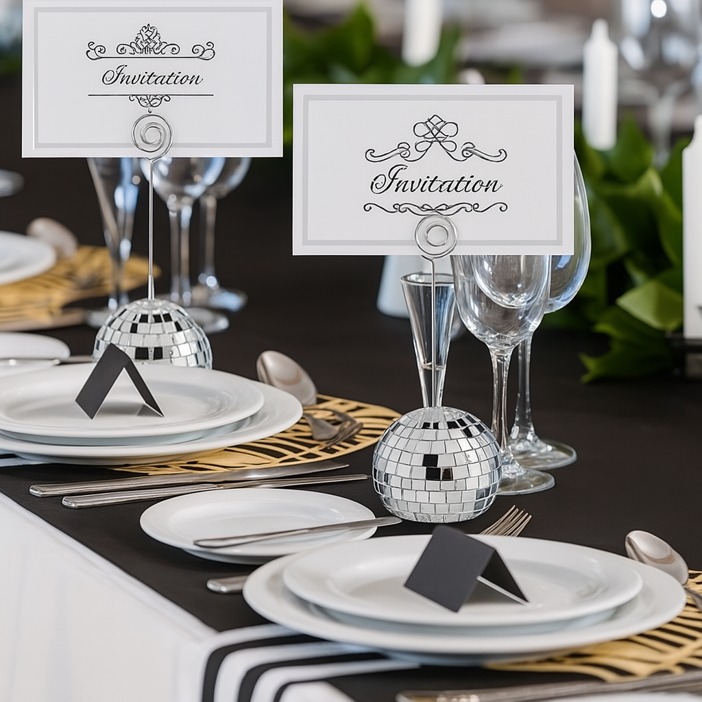 Silver Disco Ball Place Card Holders with Spiral Name Tags 6Pcs