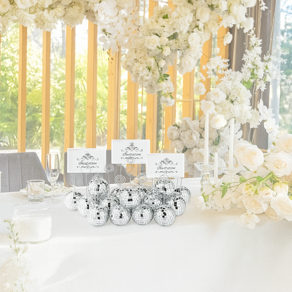 Silver Disco Ball Place Card Holders with Spiral Name Tags 6Pcs