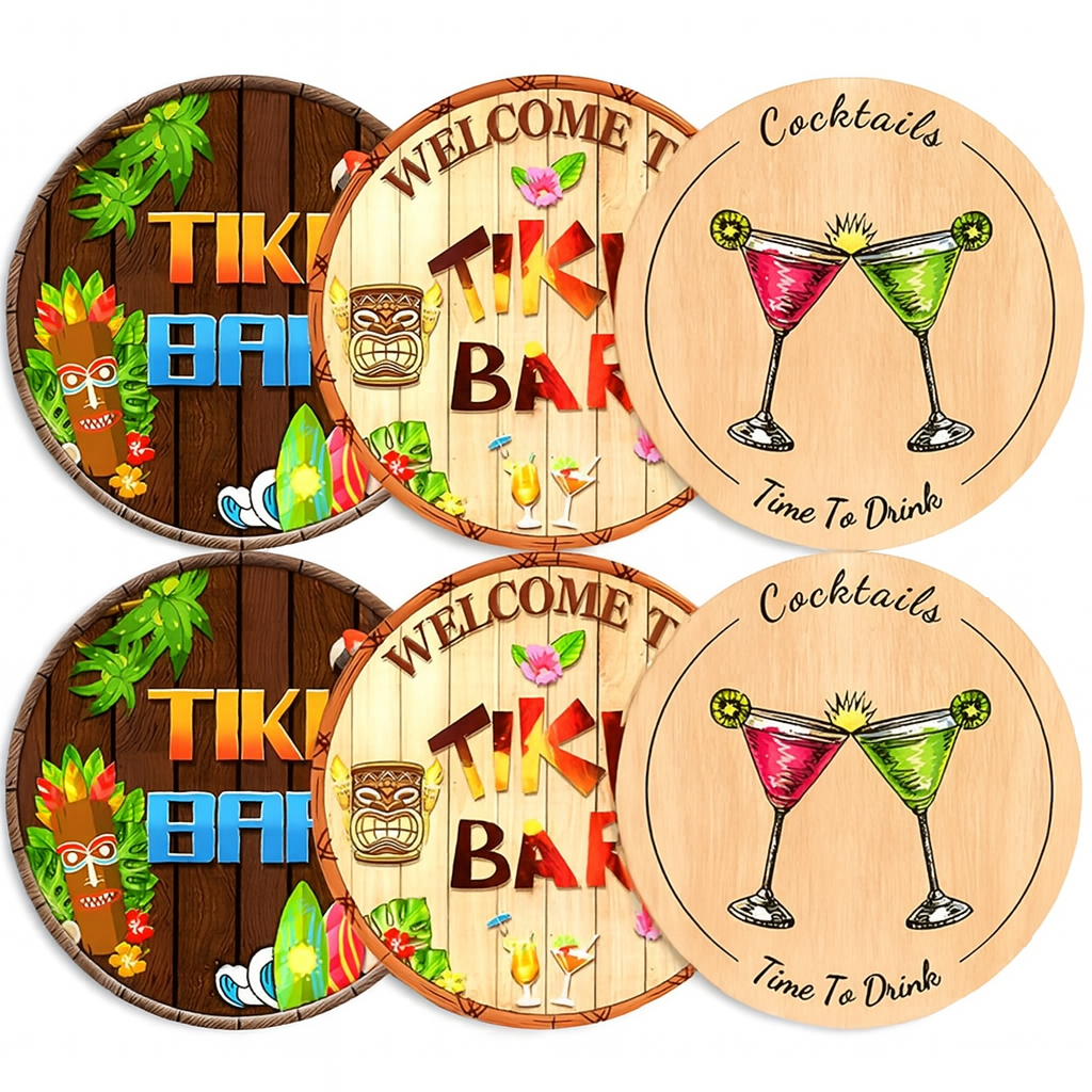 Tiki Bar Wooden Coasters Set 6Pcs