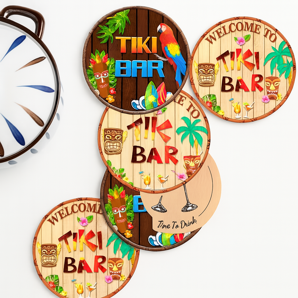 Tiki Bar Wooden Coasters Set 6Pcs
