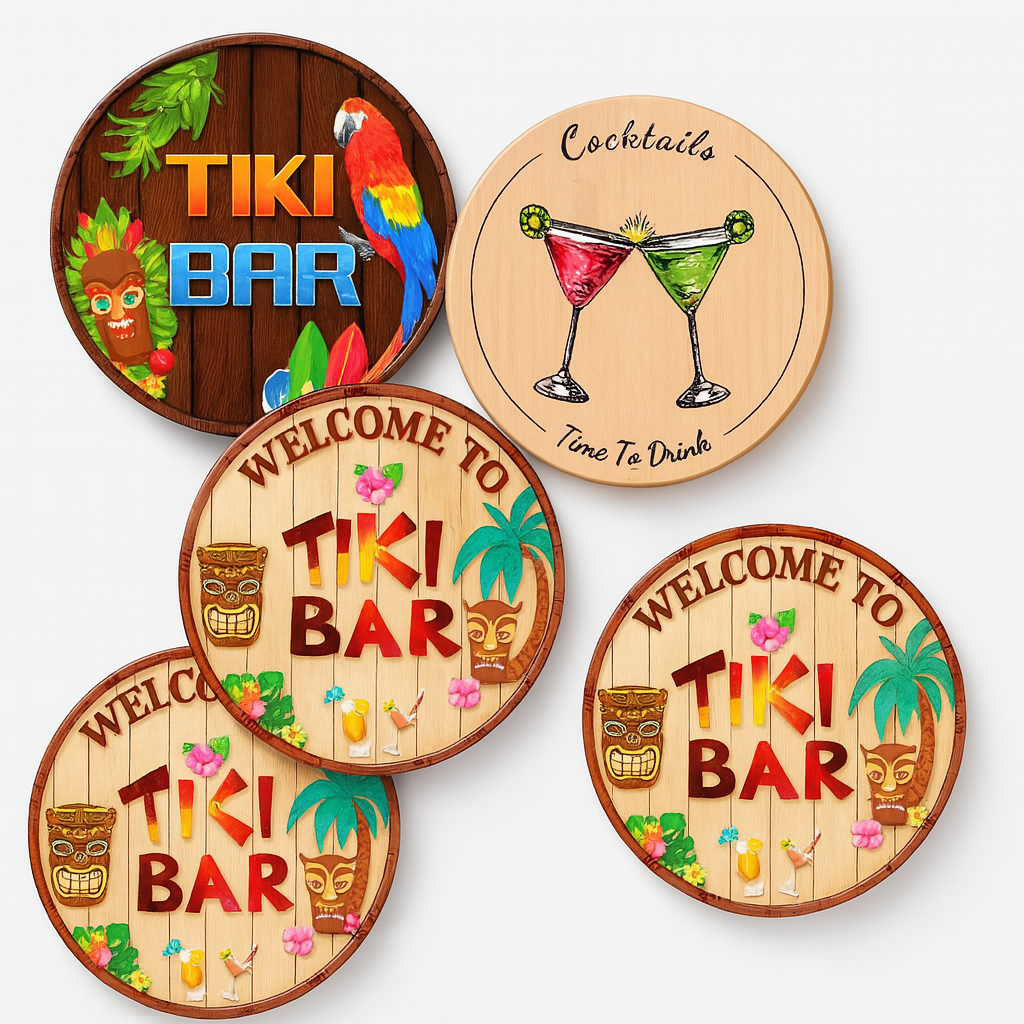 Tiki Bar Wooden Coasters Set 6Pcs