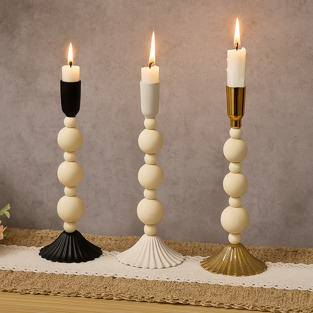 European Iron & Wood Bead Candle Holder 1Pc