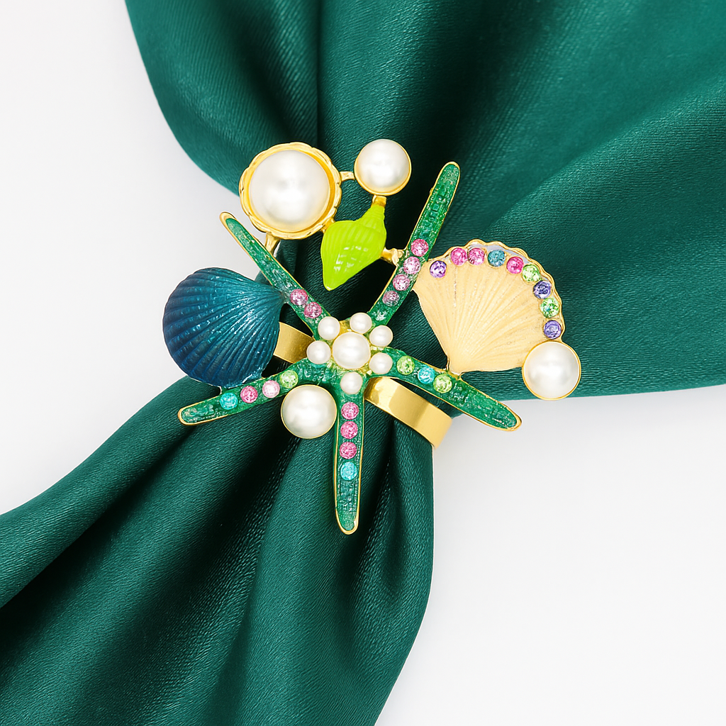 Pearl Rhinestone Starfish Napkin Rings 4pcs