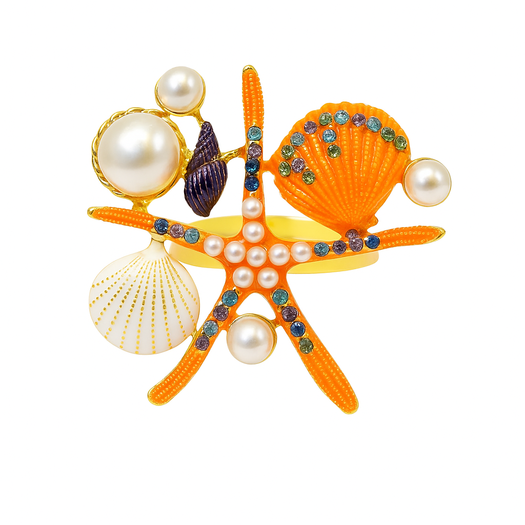 Pearl Rhinestone Starfish Napkin Rings 4pcs