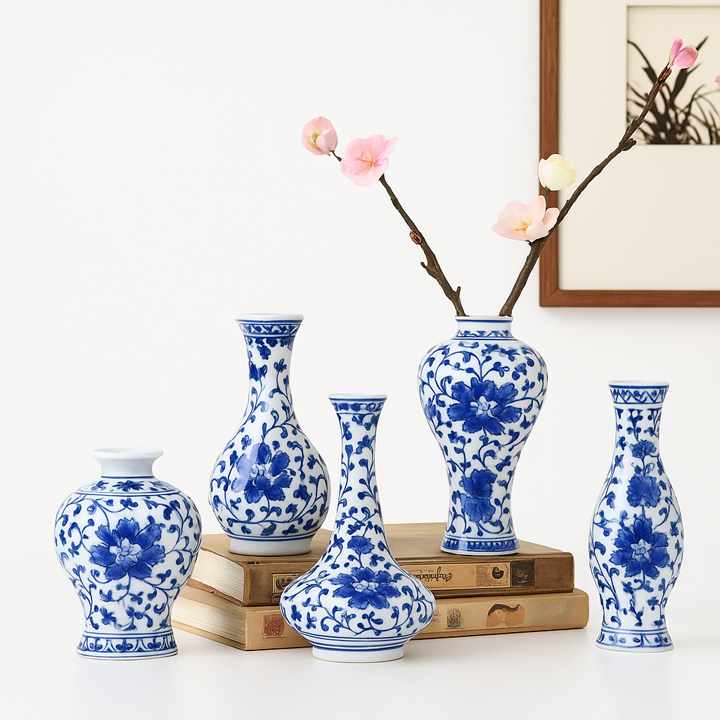 Blue & White Porcelain Bud Vases Set of 3