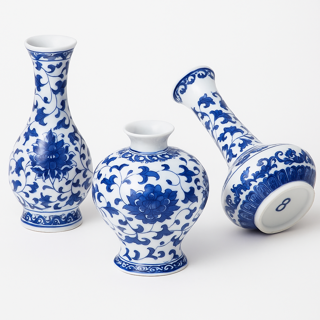 Blue & White Porcelain Bud Vases Set of 3