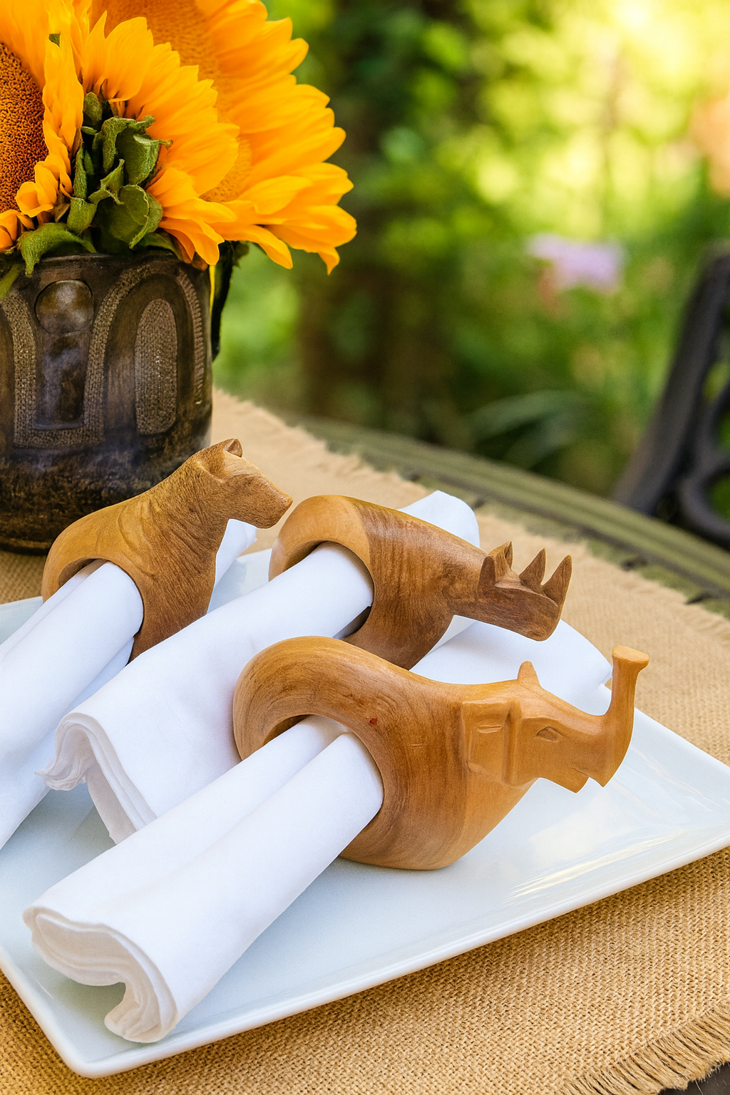 Mahogany Wood Animal Napkin Ring Set 6Pcs