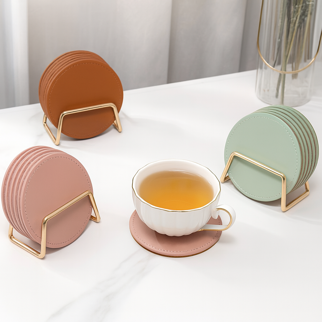 Faux Leather Coasters with Metal Stand 6Pcs