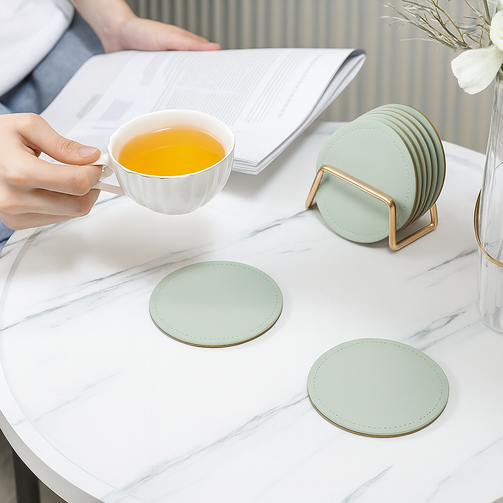 Faux Leather Coasters with Metal Stand 6Pcs