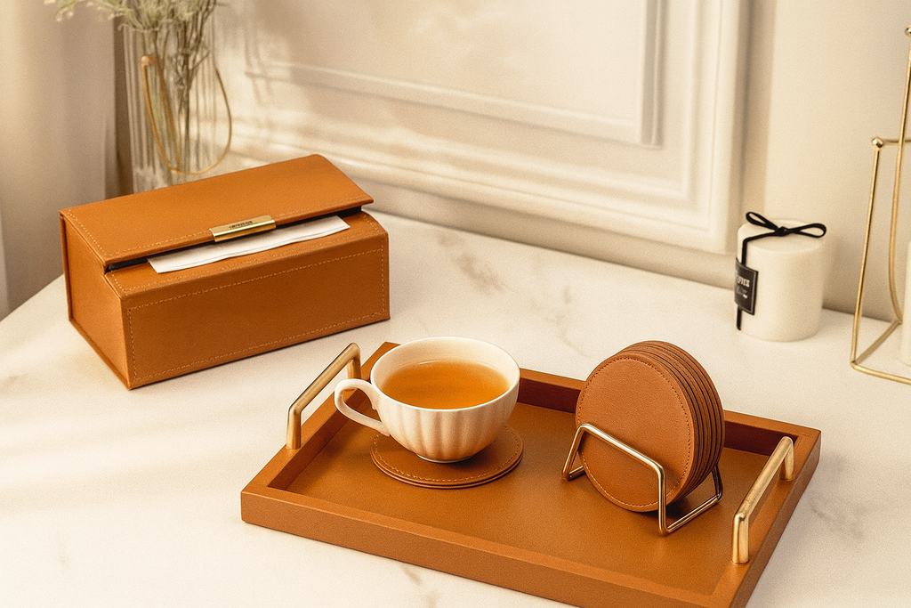 Faux Leather Coasters with Metal Stand 6Pcs