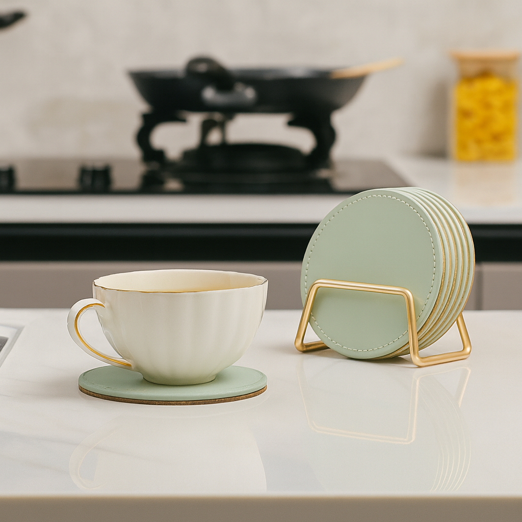 Faux Leather Coasters with Metal Stand 6Pcs