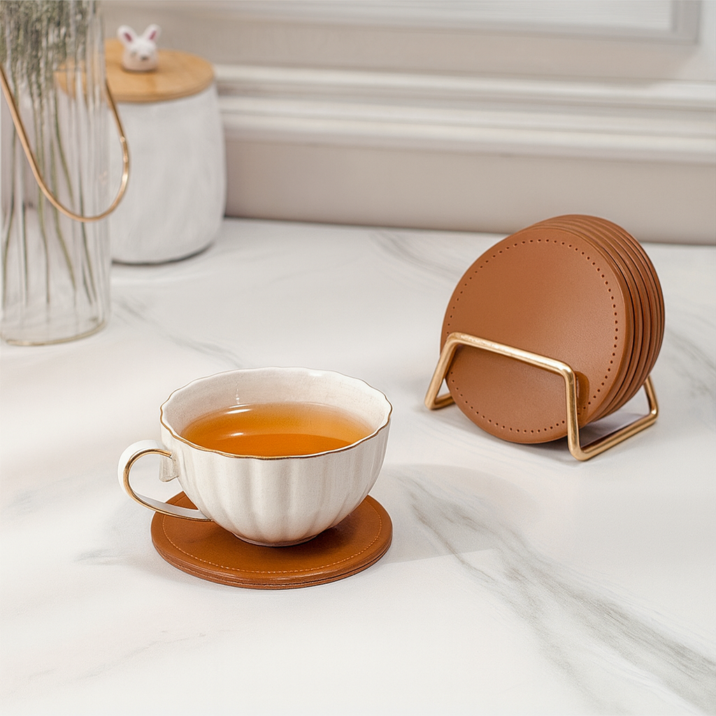 Faux Leather Coasters with Metal Stand 6Pcs