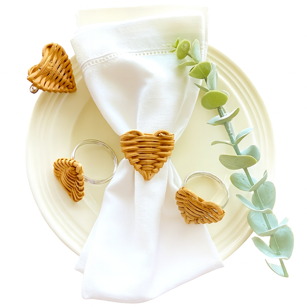 Rustic Wooden Rattan Napkin Rings 6Pcs
