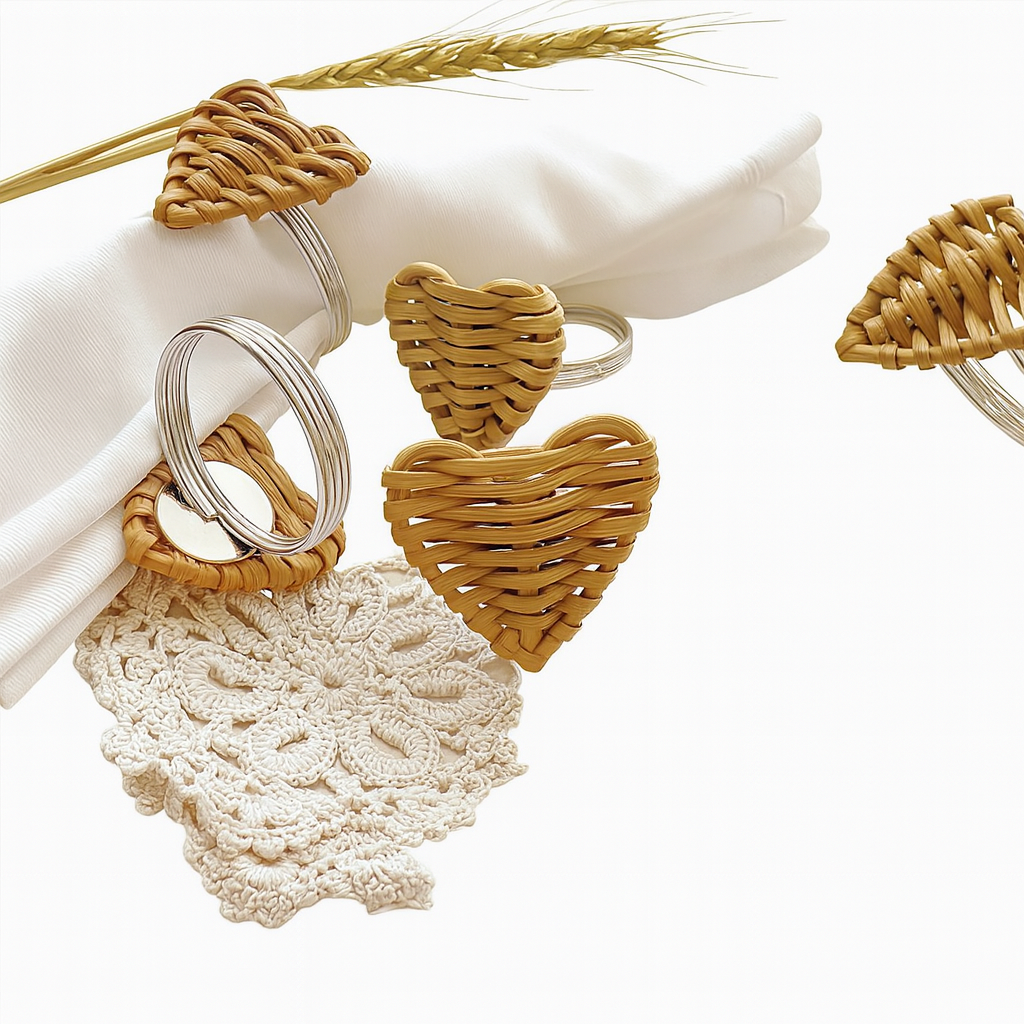 Rustic Wooden Rattan Napkin Rings 6Pcs