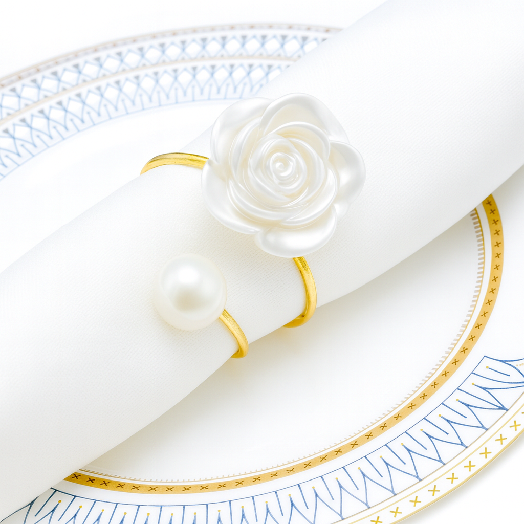 Elegant Rose & Pearl Napkin Rings 10Pcs