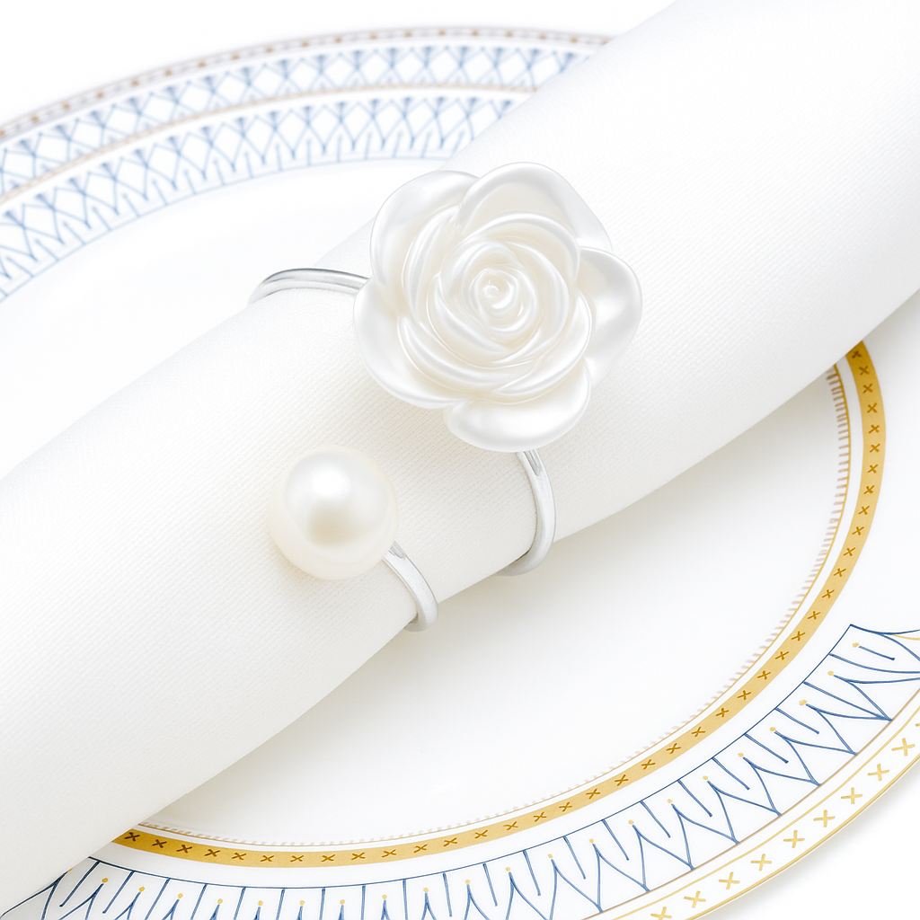 Elegant Rose & Pearl Napkin Rings 10Pcs